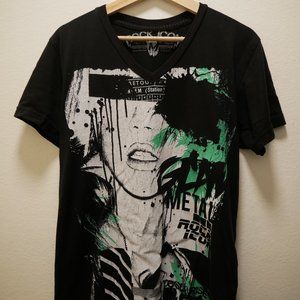 ROCK ICON LOS ANGELES METAL HOT FASHION V NECK PRIMA COTTON MEDIUM BLACK T SHIRT